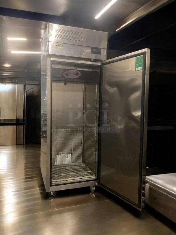 Turbo Air EF24-1-N-V single door refrigerator in prime condition, 115V, fully tested, open display, stainless steel exterior.