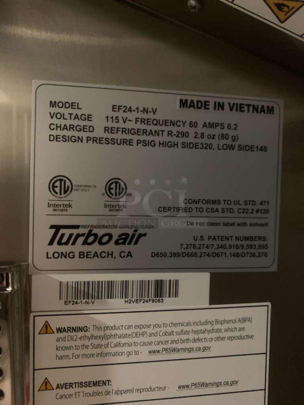 Turbo Air EF24-1-N-V Single Door Refrigerator, 115V, fully tested, prime condition, labels indicate specs and warnings.
