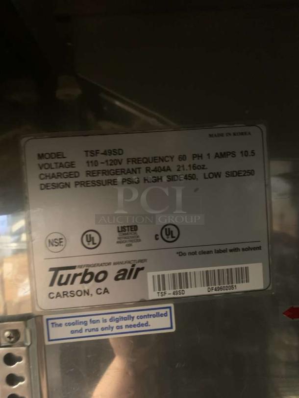 Turbo Air TSF-49SD commercial freezer label, 2-door, 115V, fully tested. Features: digital cooling fan, UL certified.