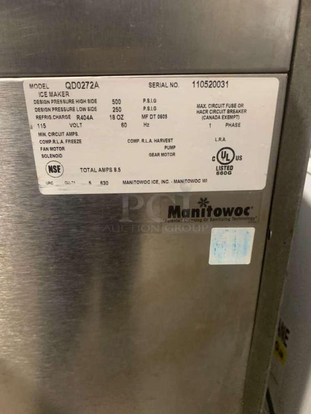 Manitowoc QD0272A Ice Maker, prime condition, 115V, fully tested. Visible label shows specs and UL listing.