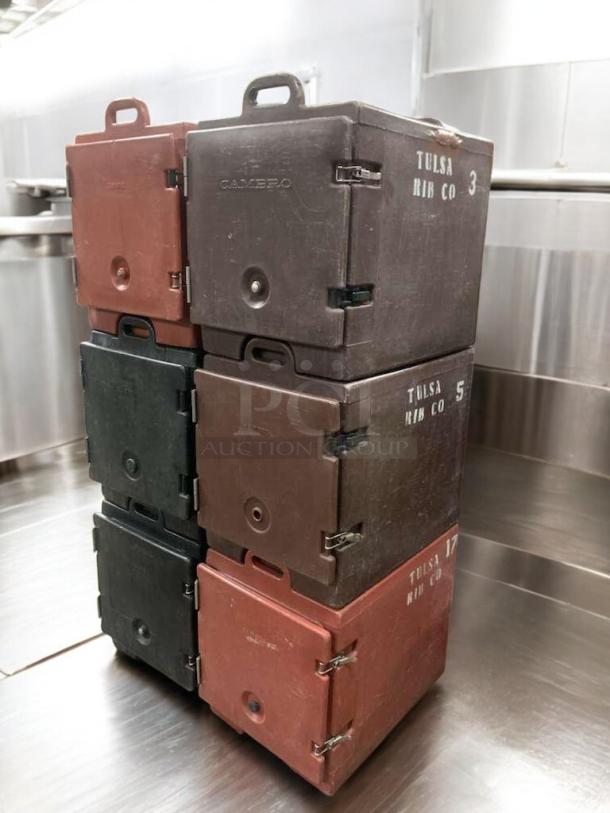 Cambro UPC Series insulated food transport carriers, prime condition, stackable design, labeled "Tulsa Rib Co 3/5/17."