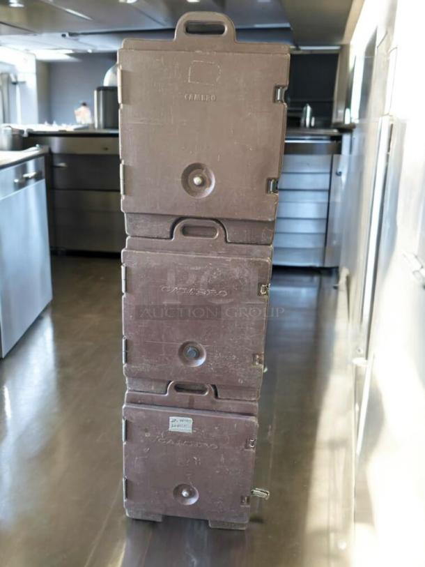Cambro UPC Series insulated food transport carriers, stacked, brown, prime condition, fully tested, for hot/cold storage.