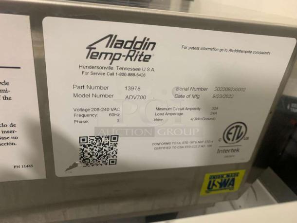 Aladdin Temp-Rite ADV700 tray heater, 208/240V, fully tested. Label shows model ADV700, serial 202209230002, made 9/23/2022.
