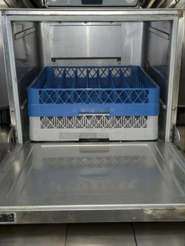 Hobart LXER Advansys undercounter commercial dishwasher, prime condition, stainless steel, open door with rack visible.