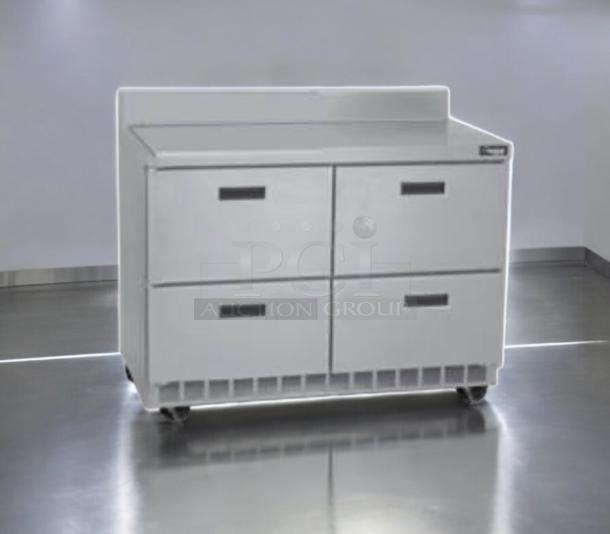 Prime condition Delfield UCD4448N 4-drawer refrigerated base, fully tested, stainless steel, wheeled, by Manitowoc.