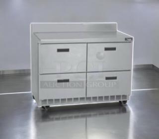 Prime condition Delfield UCD4448N 4-drawer refrigerated base, fully tested, stainless steel, wheeled, by Manitowoc.