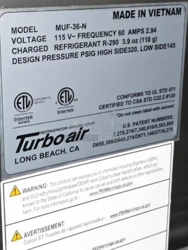 Turbo Air MUF-36-N undercounter freezer label, 115V, model info, safety warnings, made in Vietnam, prime condition.