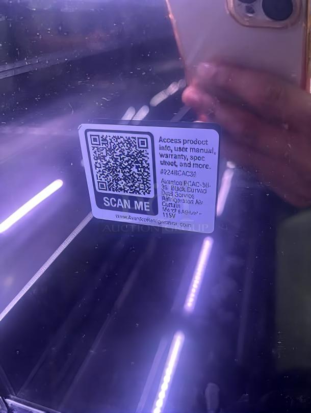 Avantco Refrigerated Bakery Display Case, Model 424BAC31, 115V, curved glass, prime condition, fully tested, QR code visible.