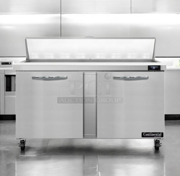 Avantco SS-PPT-60 refrigerated pizza prep table, stainless steel, dual lid, fully tested, prime condition, temperature display.