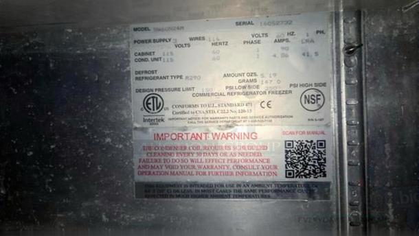 Label on Avantco SS-PPT-60 pizza prep table showing UL, NSF certifications, and maintenance warnings. Fully tested, prime condition.