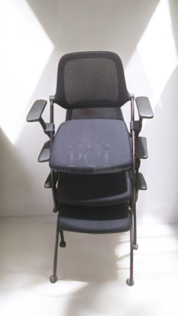 Set of 3 stackable mesh office chairs in premium condition, tested and ready for use. Features armrests and black fabric.