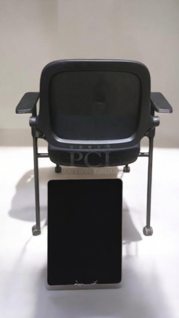 Set of 3 stackable mesh office chairs with armrests. Premium condition, tested for use. Features black mesh backrest and frame.