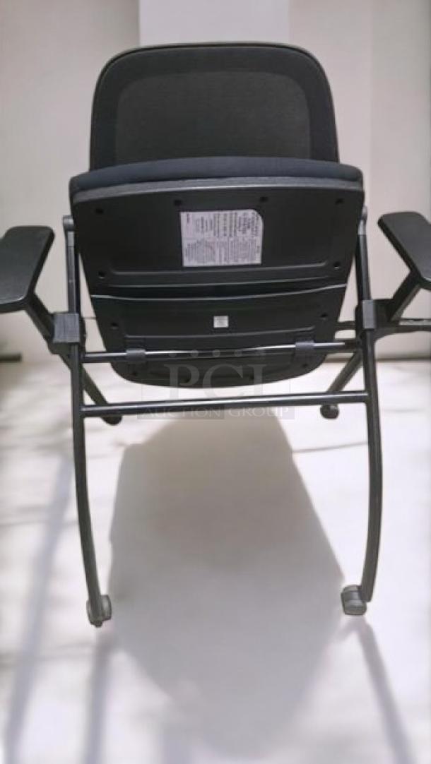 Set of 3 stackable mesh office chairs in premium condition, featuring armrests and durable frames. Ready for use.