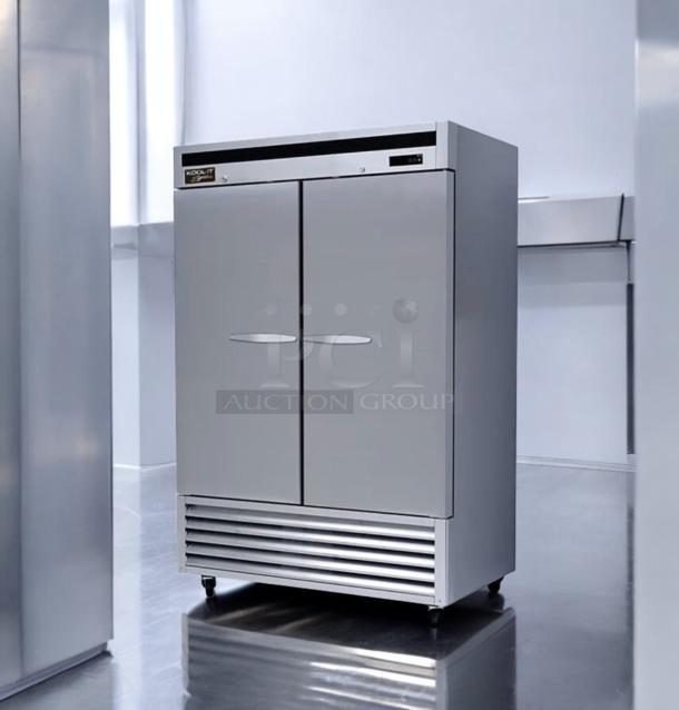 Pristine Kool-It KBSF-2 two-door display freezer, 115V, by MVP Group, fully tested, excellent condition, stainless steel finish.