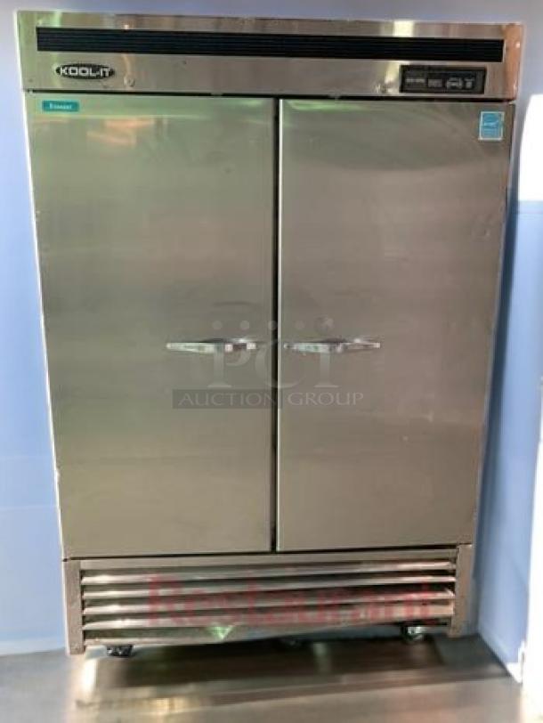 Kool-It KBSF-2 two-door commercial display freezer, pristine condition, stainless steel, 115V, Kool-It/MVP branding visible.