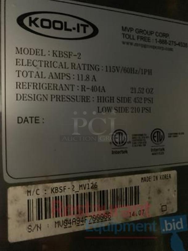 Kool-It KBSF-2 two-door commercial display freezer label. Model, electrical specs, and refrigerant details shown. Made in Korea.