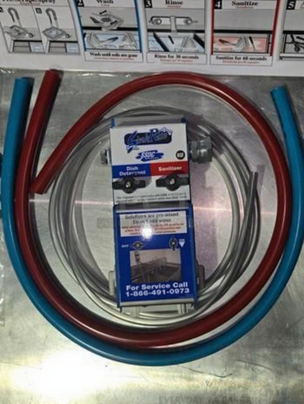Jet Tech/SMC 3-compartment sink chemical dispenser kit. Excellent condition, fully tested, includes red and blue hoses.
