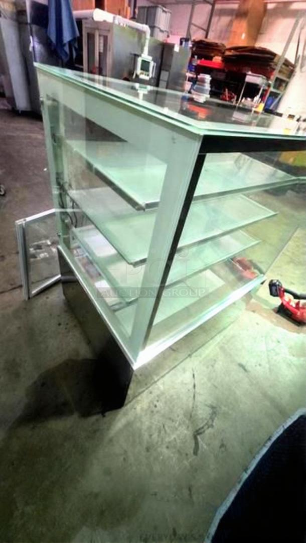 Commercial bakery enclosed display case, glass front, three adjustable shelves, remarkable condition, fully tested and working.