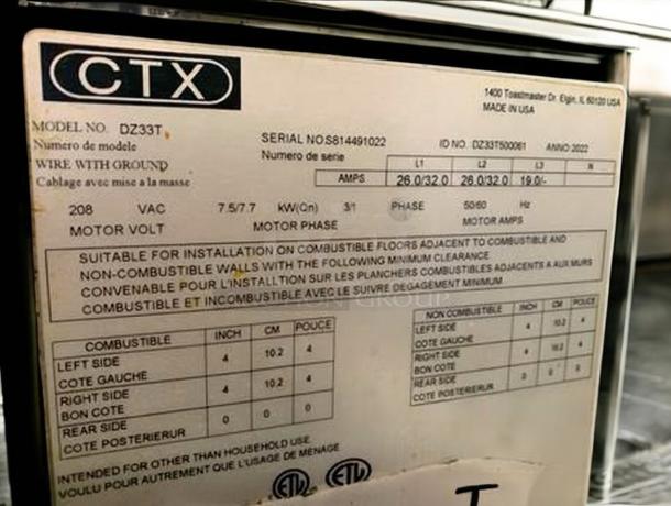 Middleby Marshall CTX DZ33T Triple Deck Conveyor Oven label, 208V, superb condition, fully tested, with installation requirements.