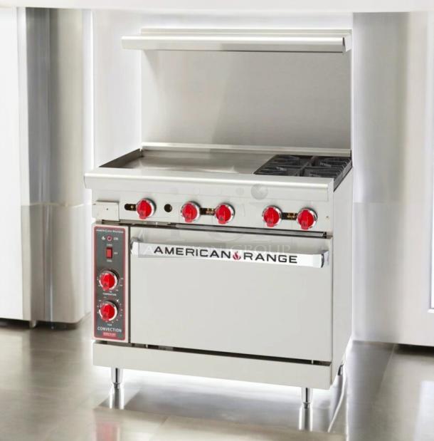 American Range AR-6B/24G gas range, 6 burners, 24" griddle, convection oven, pristine condition, fully tested, red knobs.