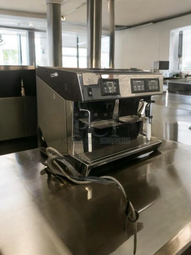 Commercial Heavy-Duty Automatic Dual-Group Espresso Machine, premium condition, fully tested, 220V-240V, stainless steel finish.