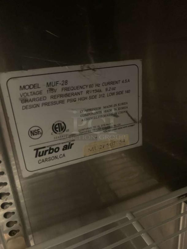 Turbo Air MUF-28 undercounter freezer, 115V, pristine condition, fully tested. Label details specs and origin.