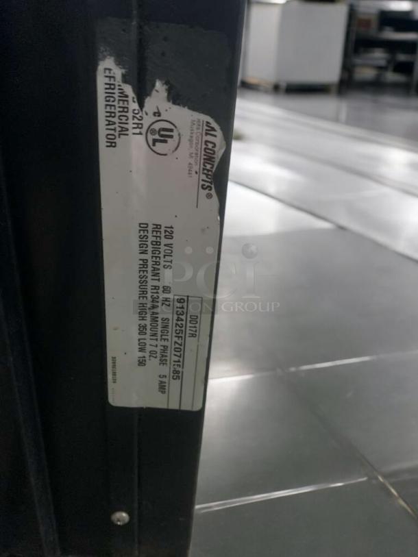 Cal-Mil Concepts 2017R Refrigerated Display Case, 120V, label showing model and electrical specs, excellent condition.