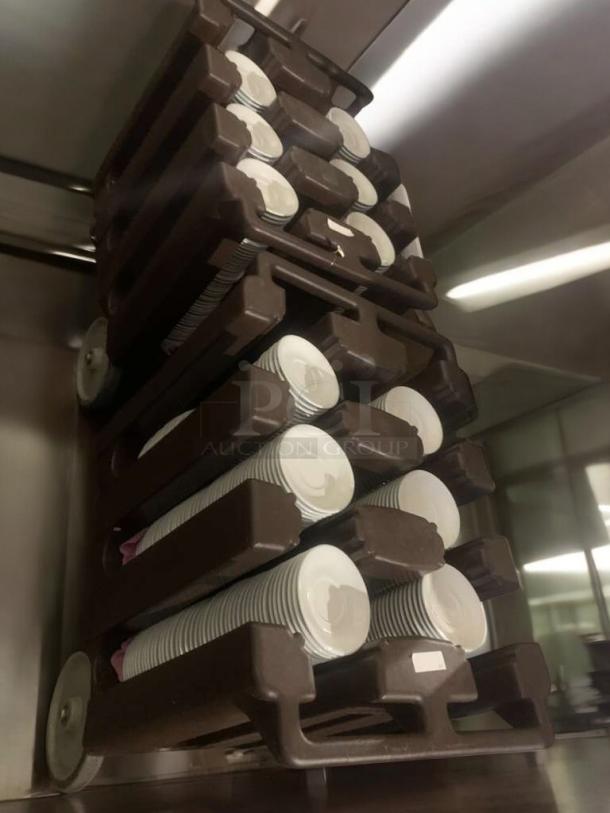 Cambro Commercial Mobile Plate Dispenser Cart, prime condition, brown, stacks of plates, ready for service, durable wheels.