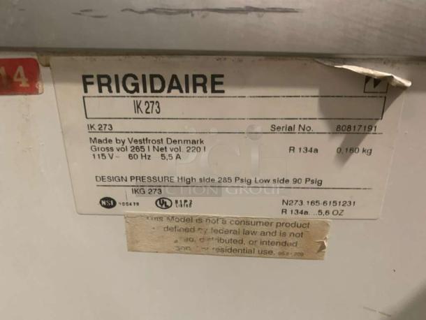 Frigidaire IK 273 commercial ice cream dipping cabinet label, showing model info, serial number, and electrical specs.