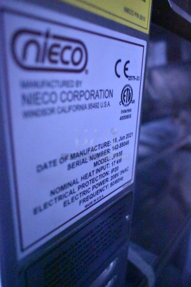 Nieco broiler label showing model JF93E, serial number 142-55046, manufactured June 18, 2021.