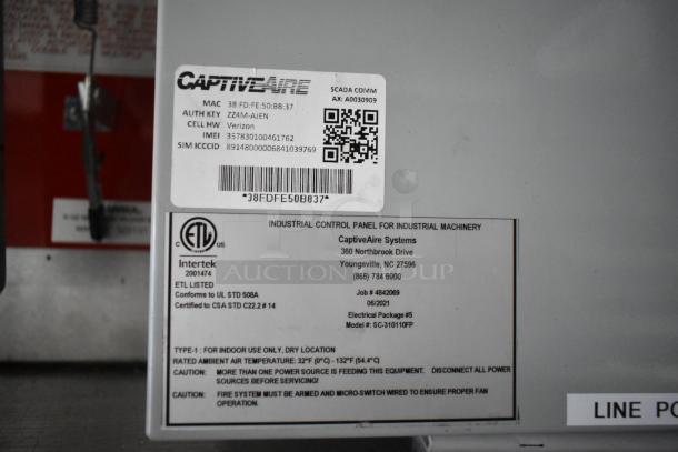 Label of CaptiveAire Systems industrial control panel for machinery, showing authenticity details and certifications.