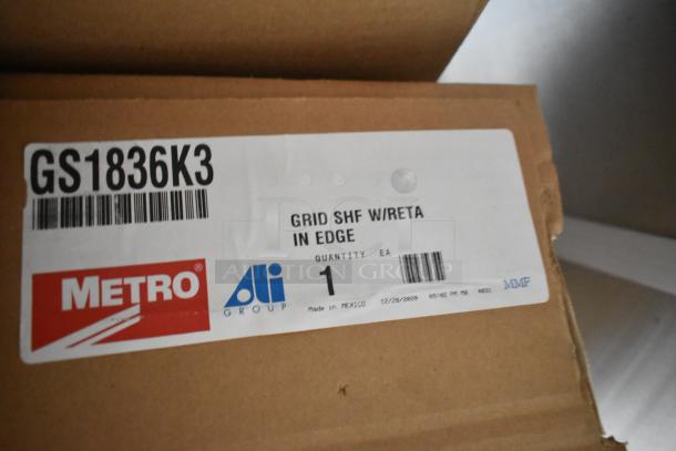 Cardboard box with a label showing "Metro," "Ali Group," model "GS1836K3," and details "Grid SHF w/ Reta In Edge." Made in Mexico.