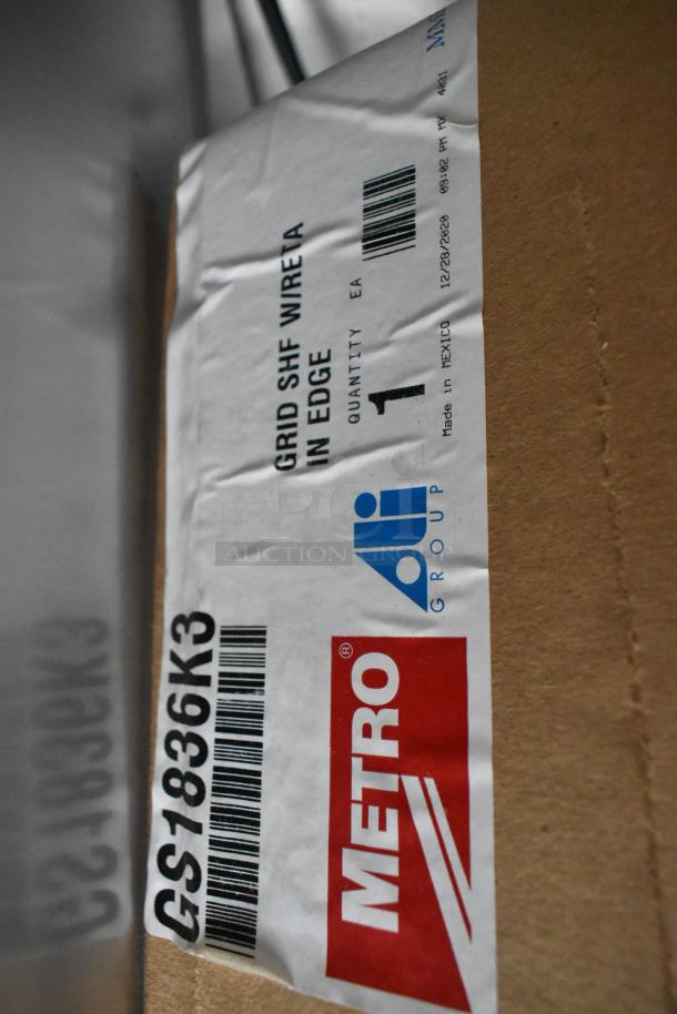 Label on a box showing "GRID SHF WIRE 1A IN EDGE," quantity "1," made in Mexico 2020. Brand: Metro, GS1836K3.