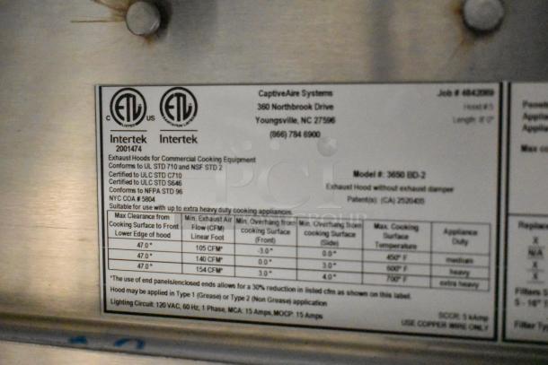 Label on Cruising Kitchens 2021 fast food trailer featuring CaptiveAire grease hood details, certifications, and usage specs.