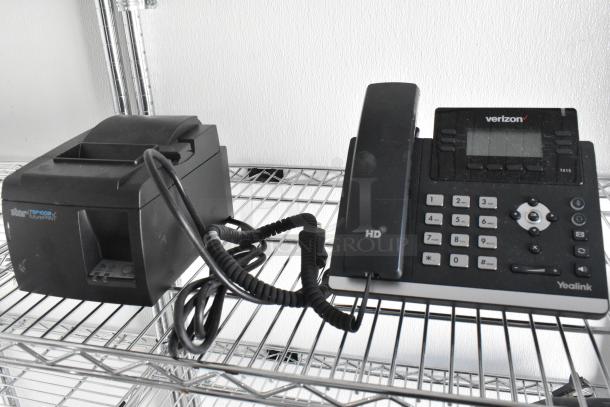 Black Yealink Verizon HD T41S phone and Star TSP100III FuturePRINT printer on wire shelving.