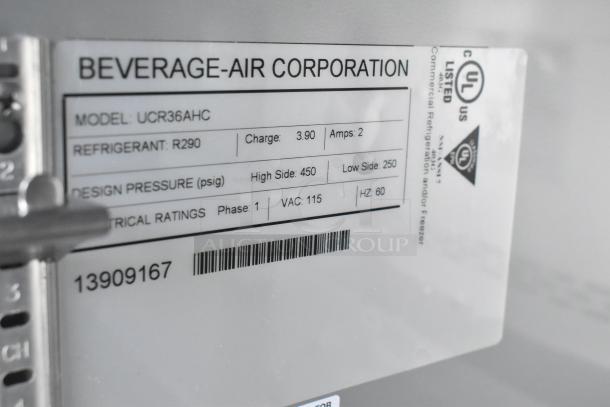 Label for Beverage-Air Corporation model UCR36AHC detailing specifications like refrigerant type, design pressure, and electrical ratings.