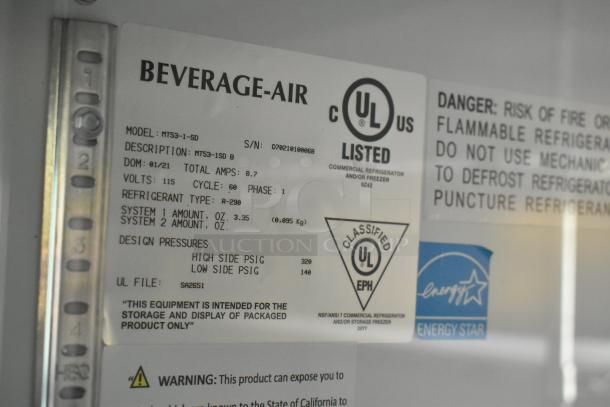 Beverage Air label on commercial cooler, Model MT53-1-SD, UL listed, Energy Star rated, R-290 refrigerant.
