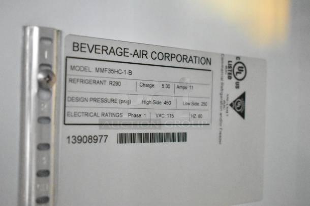Beverage-Air Corporation label showing model MMF35HC-1-B, refrigerant R290, design pressure, and electrical ratings.