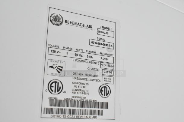 Label on Beverage Air cooler detailing model SR1HC-1S, 120V, 60Hz, refrigerant R-290, serial 0014680-30491-A. Certified to UL/NSF standards.