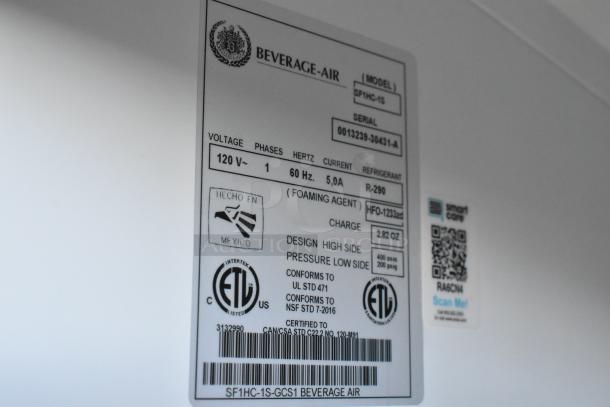 Beverage Air model SF1HC-1S label showing voltage 120V, refrigerant R-290, and ETL certification.