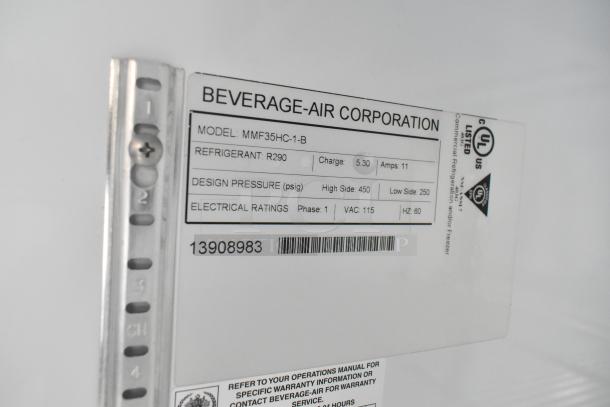 Beverage Air Corporation label on MMF35HC-1-B model. Shows specs: refrigerant R290, amps 11, VAC 115, design pressure 450/250.