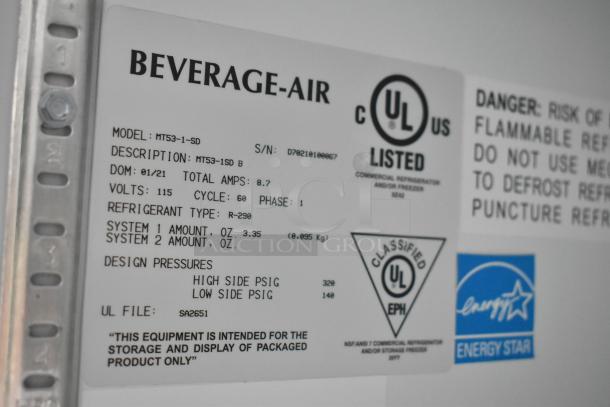 Beverage Air label on equipment showing model MT53-1-SD details including amps, voltage, refrigerant type, and safety certifications.