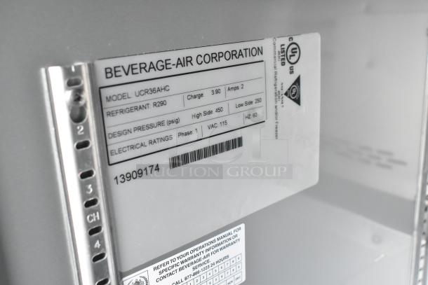 Label on a Beverage-Air Corporation cooler, Model UCR36AHC, with electrical and refrigerant specifications.