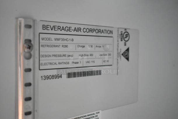 Label of Beverage-Air Corporation Model MMF35HC-1-B with specs: Refrigerant R290, Charge 5.30, Amps 11, Design Pressure, Electrical Ratings.