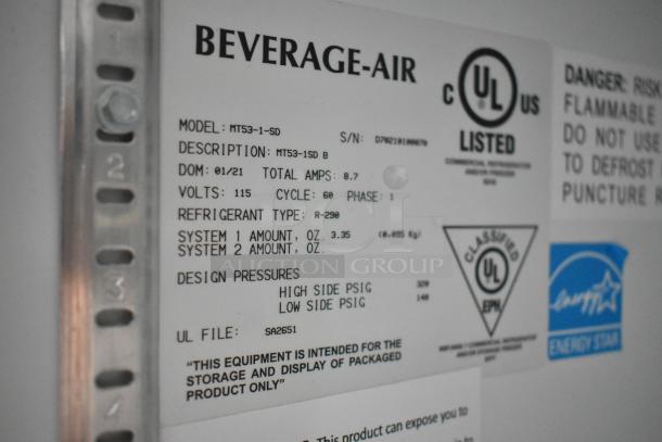 Beverage Air label, model MT53-1-SD. Details: 115 volts, R-290 refrigerant, UL listed, made 01/21, Energy Star certified.