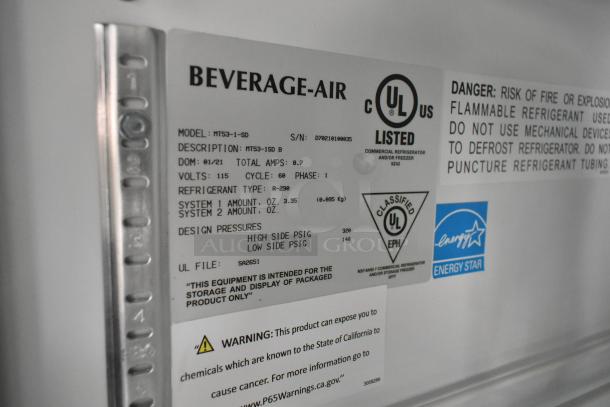 Beverage-Air label showing model MT53-1-SD, UL listed, Energy Star certified, manufactured 01/21.