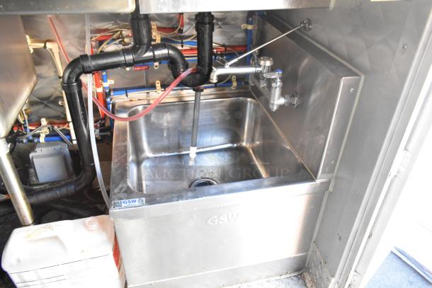 GSW stainless steel sink with faucet and plumbing. Visible GSW logo. Good condition. Suitable for commercial use.