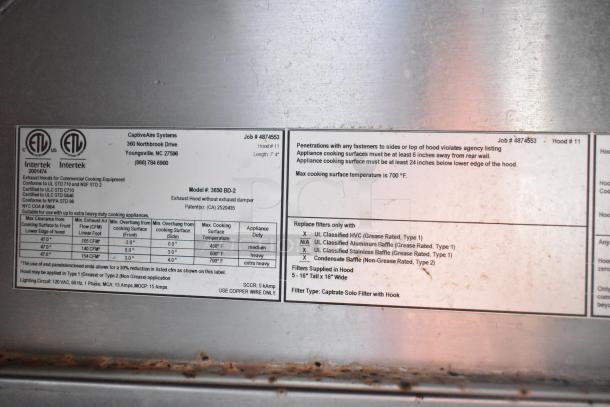 Label on CaptiveAire Systems exhaust hood, Model 3650 BD-2, with installation and filter details, Youngsville, NC.