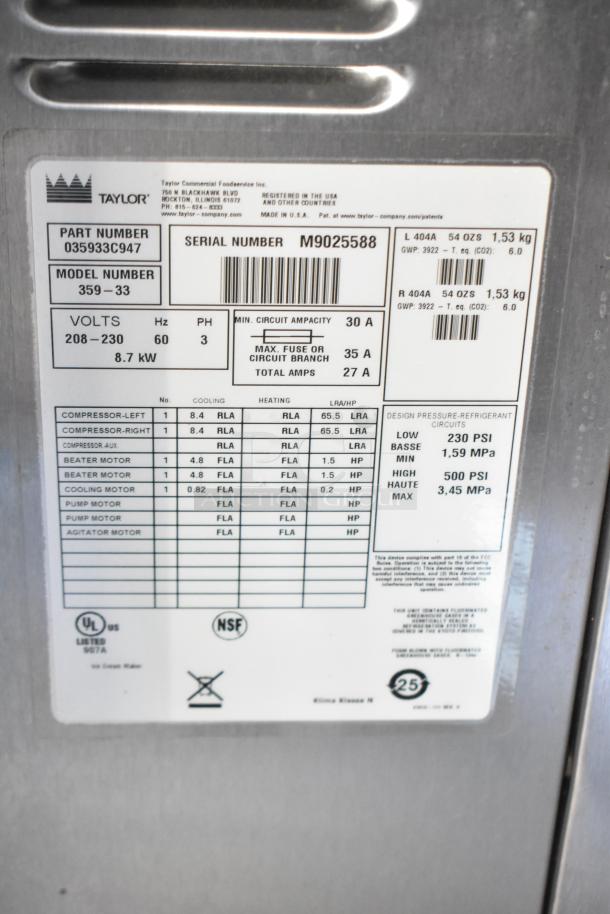 Taylor commercial ice cream maker label, Model 359-33, Serial M9025588. Voltage: 208-230V, 8.7kW. NSF certified.
