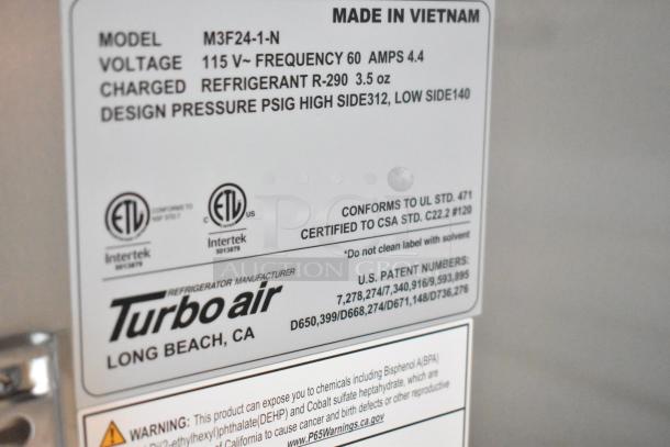 Turbo Air refrigerator label, model M3F24-1-N, 115V, R-290 refrigerant, made in Vietnam, UL and CSA certified.